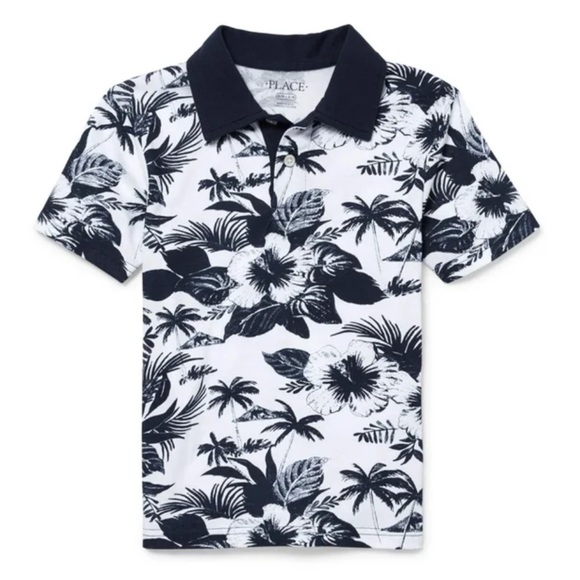 Children’s Place  Boys Navy Blue White Tropical Print Short Sleeve Polo Shirt XL - Picture 1 of 5